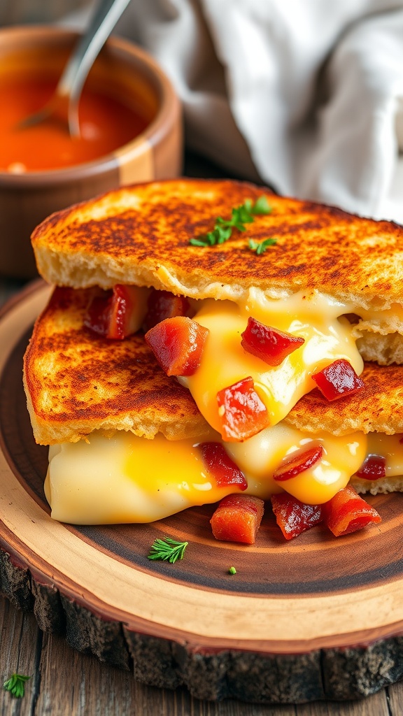Baked grilled cheese sandwich with melted mozzarella, cheddar, gouda, and crispy bacon, served with tomato soup.